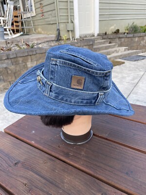 Cowboy Hat size 7 3/4 XXL handmade OOAK upcycled fedora blue Carhartt Blue Jeans Cowboy Hat size 7 3/4 XXL handmade OOAK upcycled fedora blue Carhartt Blue Jeans