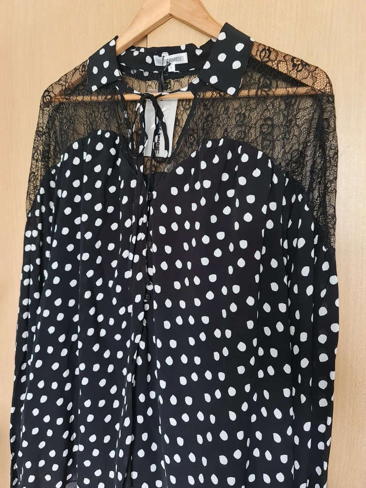 Blusa Naracamicie Italia Damas Talla 14/XL Negro Blanco Lunares Encaje Transparente Foto 2 de 4