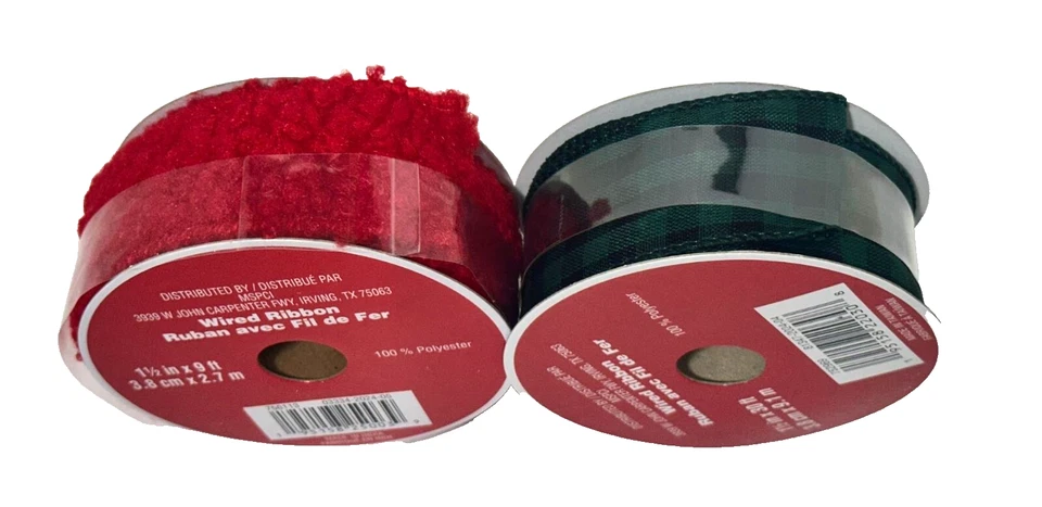 Рождественский комплект проводной ленты — уютный красный шениль и зеленый клетчатый — 1,5 дюйма x 9 футов каждый - Изображение 3 из 4