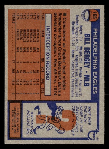 1976 Topps Bill Bergey #165 NM Philadelphia Eagles - Bild 2 von 2