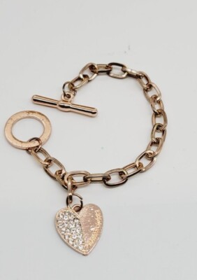 MICHAEL KORS Charm Bracelet Rose Gold tone Pave Crystal HEART Logo