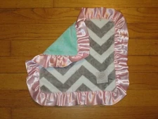 HTF Bella Tunno Gray Chevron-Pink Ruffle-Green Back Security blanket/Lovey