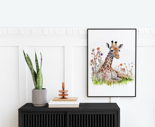 Baby Giraffe Wildflowers Dragonfly Watercolor Oil Painting Art Print - Picture 3 of 7