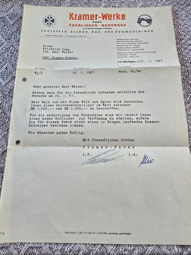 KRAMER 1967 Werbung Brief Schreiben Dokument 1958 Schlepper Traktor Prospekt