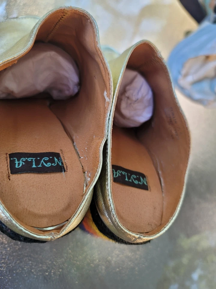 N.Y.L.A Cobain Gold Rainbow Espadrille Mule Wedges Size 7.5 - Image 4 of 4