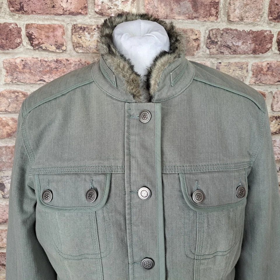 Chaqueta Principles Caqui Verde Denim Reino Unido 12 Forrada de Vellón Borde de Piel Militar Foto 4 de 4