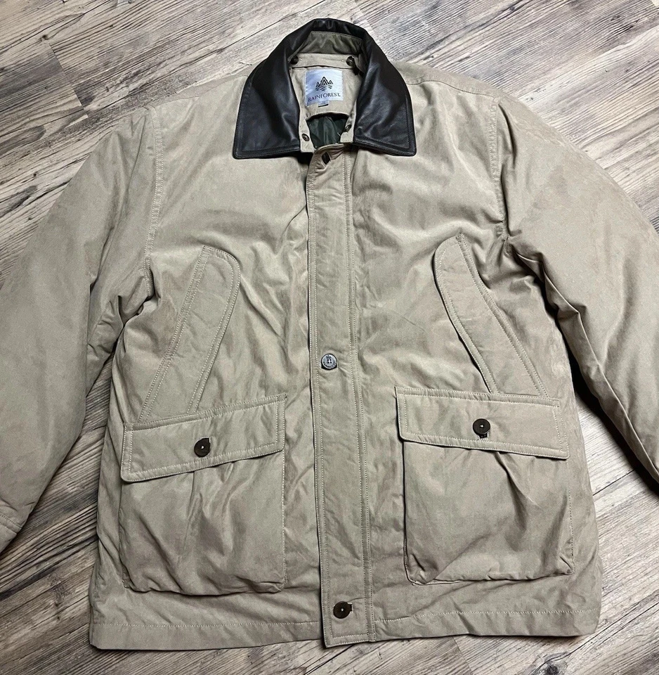 Rainforest Mens XL Removable Down Liner Leather Collar Beige Khaki Coat - Image 2 of 4
