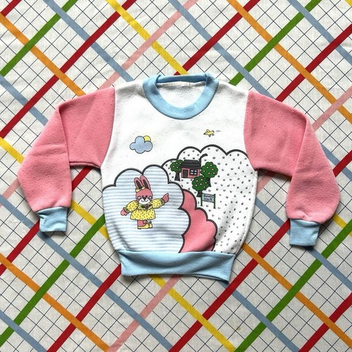 Vintage 90s Pastel Bunny House Sweatshirt Kids Pullover Pink Blue White Cartoon