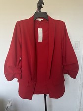 New with Tags Women's Red 3/4 Ruched Sleeve Open Front Blazer