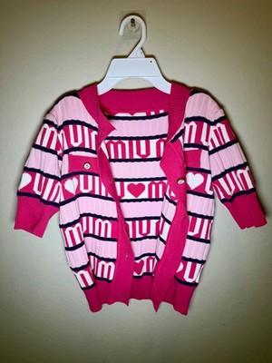 トップス miu miu archive side line knit sweater Miu Miu Pink Logo Heart Knit Cardigan Top Short Sleeve Women's