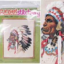 Vintage 70s Sunset Indian Chief Embroidery Kit Needlepoint Southwest 2220 16x20