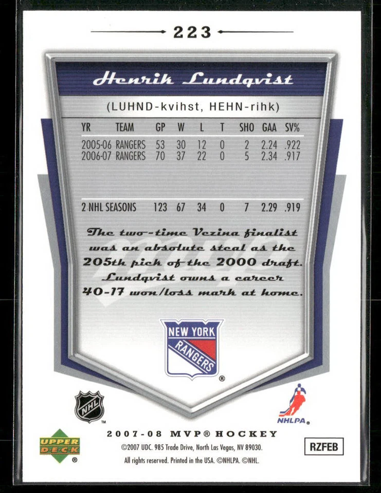 2007-08 Upper Deck MVP #223 Henrik Lundqvist New York Rangers Hockey Card - Image 2 of 2