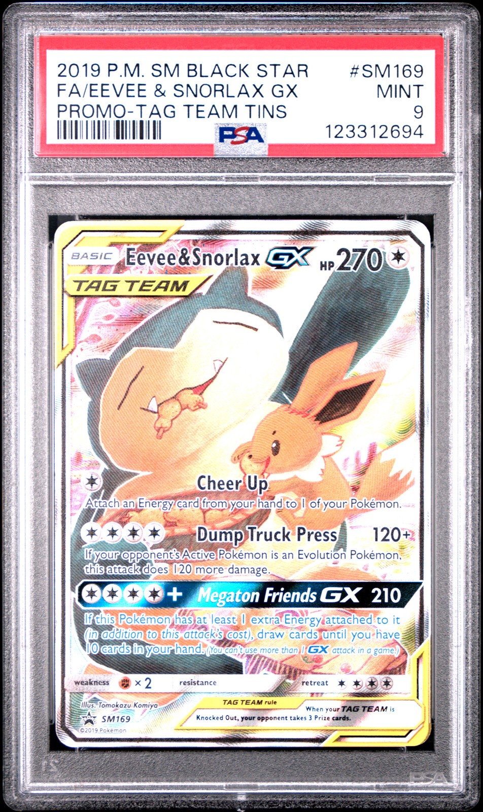 2019 POKEMON SM BLACK STAR PROMO TAG TEAM TINS FULL ART/EEVEE & SNORLAX GX PSA 9