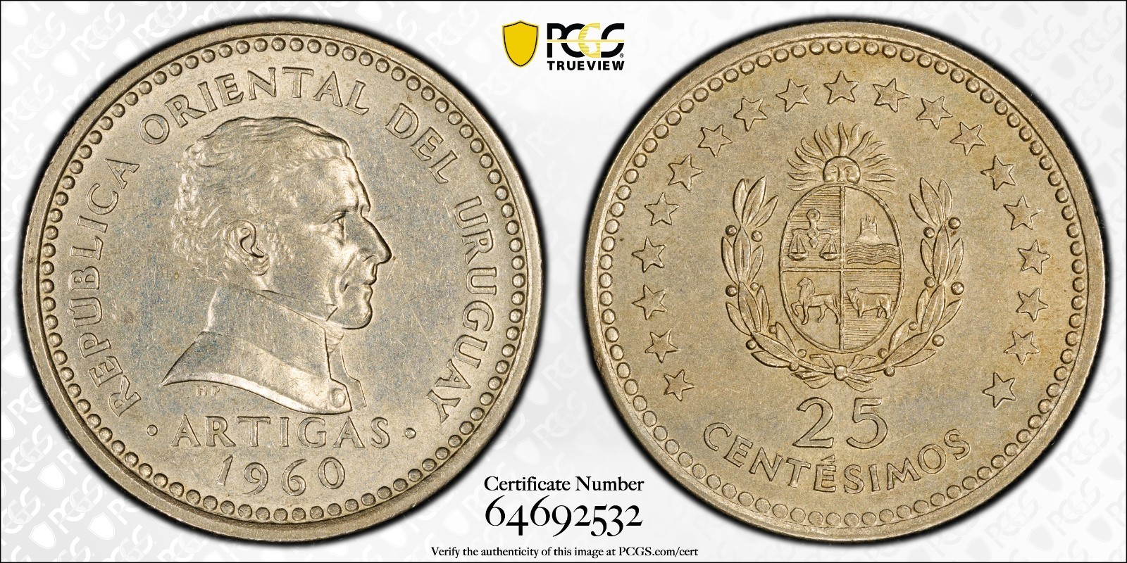 Uruguay 25 Centesimos 1960 PCGS MS 62