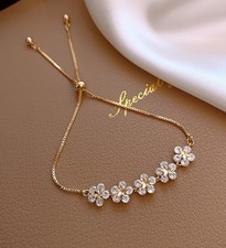 Gold Flower CZ Adjustable Slider Bracelet for Women Girl Dainty Crystal Gift UK