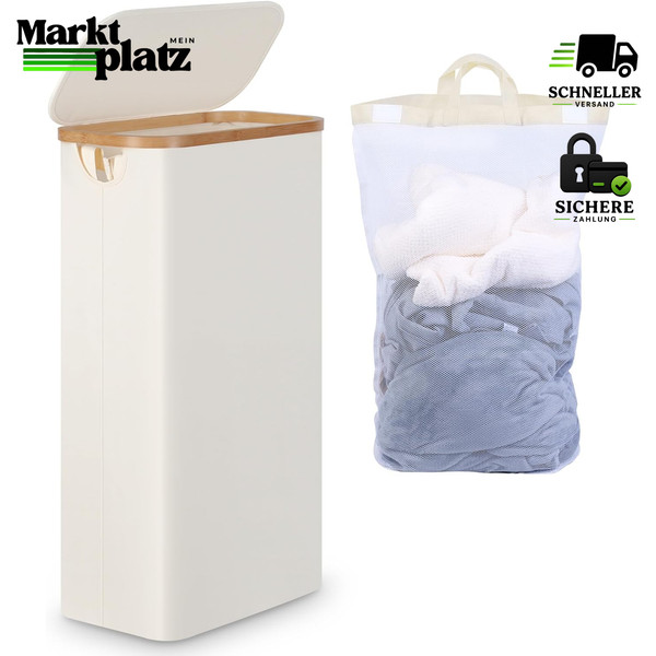WäSchekorb Schmal 63L Beige Faltbar Mit Deckel Bambusgriffe FüR WaschküChe-image