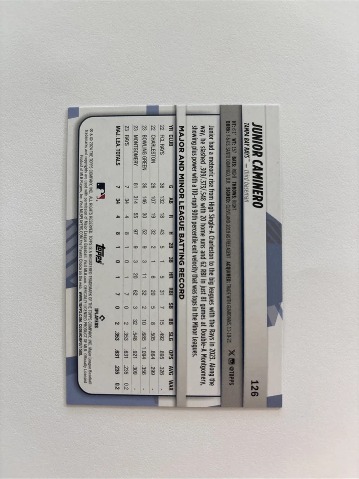 2024 Topps Big League - Junior Caminero #126 Black Foil /25 (RC) - Image 2 of 2