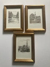 Vintage Etchings X3 Austrian Landmarks Signed Framed Gallery Wall