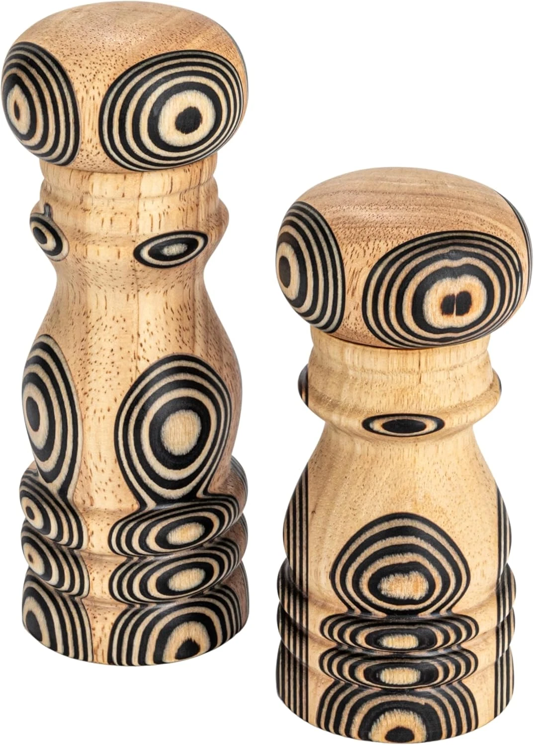 Wood Salt and Pepper Mills with Inlaid Circles Design, Natural and Black, Set of
