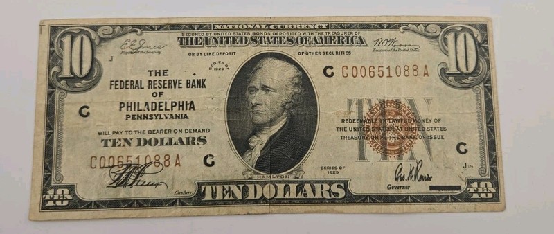 1929 $10 The Federal Reserve Bank Of Philadelphia PA