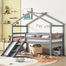 Twin Low Loft House Bed with Slide,  Ladder, Safety Guardrails, House Roof Frame