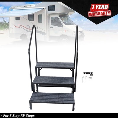 Upgraded 3 Tier Heavy Duty Steel Mobile Home Steps RV Steps with 2 Handrail+Mat