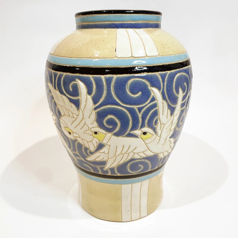 Antique Boch Freres Keramis Manner Birds In Flight Relief Pottery Vase Ceramic — 第 4/4 张图片