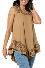 DG2 by Diane Gilman Women's Mixed Media Eyelet Knit Ruffled Tank Camel