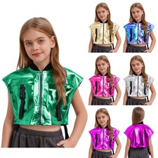 Kids Girls Hip Hop Jazz Disco Dance Top Shiny Metallic Crop Tank Tops Jacket