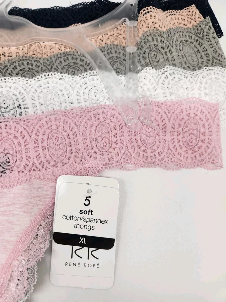 RENE ROFE 5Pk Womens M L XL Cotton Lace Thong Panties Navy Beige Sage White Pink - Image 3 of 3