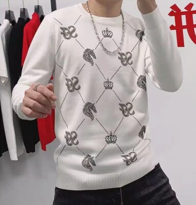 New Men Luxury Diamond Rhinestones Fashion Knitted Black White Sweater 