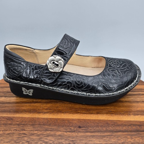 Alegria Shoes Women's 8 38 Black Embossed Rose Leather Mary Jane Comfort Paloma
