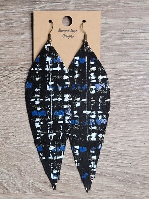 Handmade GENUINE Leather Feather Earrings Black Blue White Tweed Pattern 4''