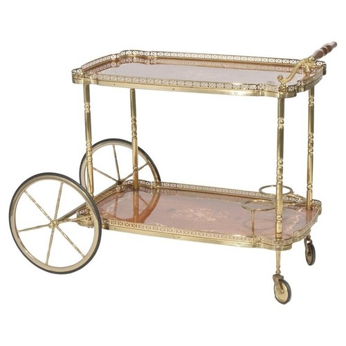 French Style Floral Marquetry Inlaid & Brass Serving Tea Cart 20th