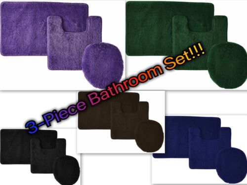 3 Piece Solid Bathroom set- Bath Mat + Contour Rug + Toilet Lid Cover- Soft Rug - Afbeelding 1 van 6