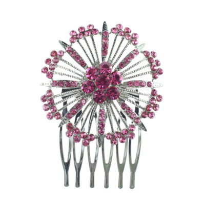 Pink Austrian Rhinestone Crystal Sunflower Bridal Hair Comb