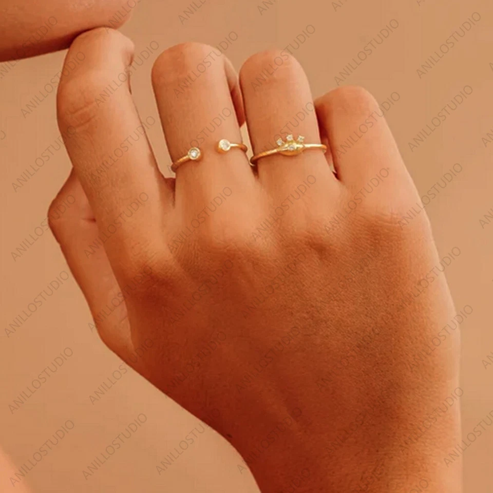 Dois anéis de noivado de diamante natural empilhamento de punho aberto ouro amarelo 14k - Imagem 3 de 4