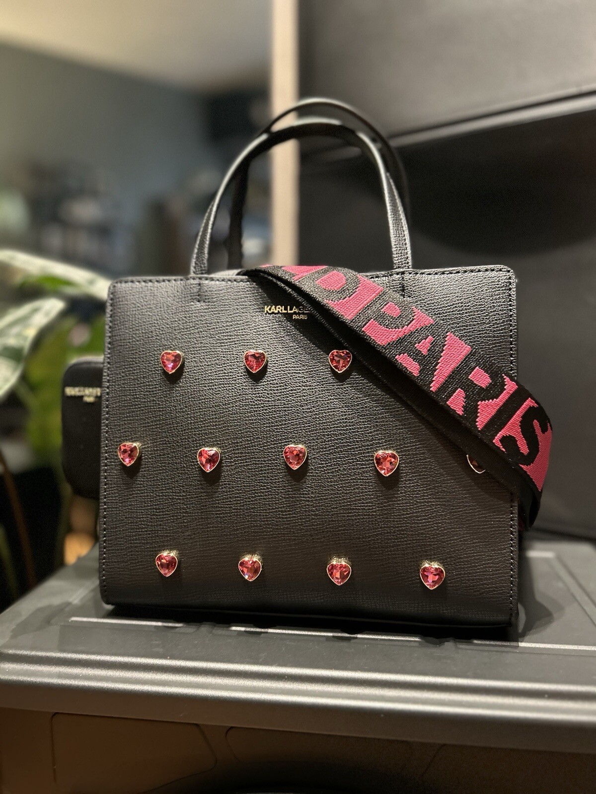 KARL LAGERFELD Black Maybelle Satchel Handbag With Pink Hearts | NWT | Sold-out! image 6