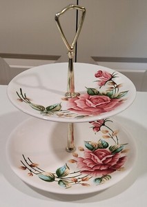 Vintage Lefton "ROSE" 2 tier Tidbit Plate/Dish set with Handle, #942N, JAPAN