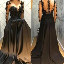 Gothic Black Wedding Dresses Long Sleeves A Line Satin Sweep Train Bridal Gowns