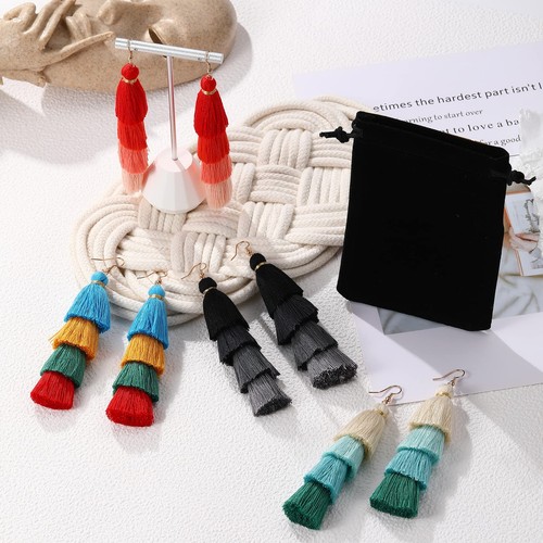 2 Pairs/Set Colorful Layered Tassel Earrings Black Red Blue Green Multilayer Han - Picture 7 of 7