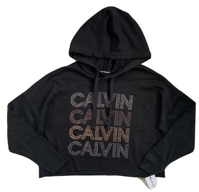 Calvin Klein Pullover Hoodie Rhinestone Logo Cropped