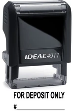 FOR DEPOSIT ONLY text with Account Line, IDEAL 4911 Self-inking Stamp, BLACK INK