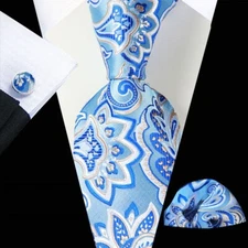 Classic Floral White Blue Jacquard Silk Men's Tie Necktie Hanky Cufflink Set