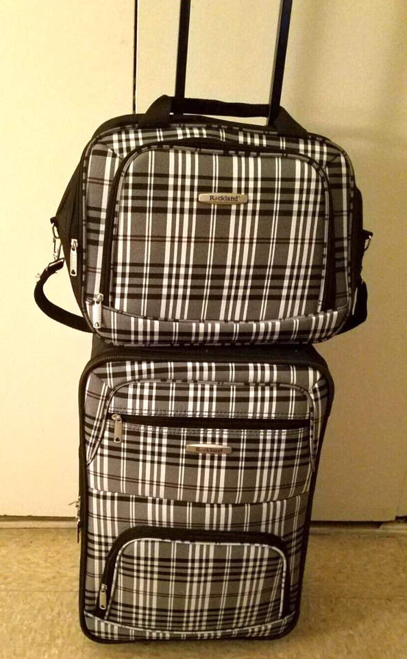 Rockland 2 件套可扩展软边行李箱套装随身携带托特包黑色格子 — 第 4/4 张图片