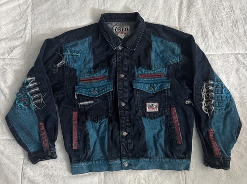 Vtg 1980's "Get Used" By Elie Distressed Jean Jacket Trucker Punk Goth Mens L