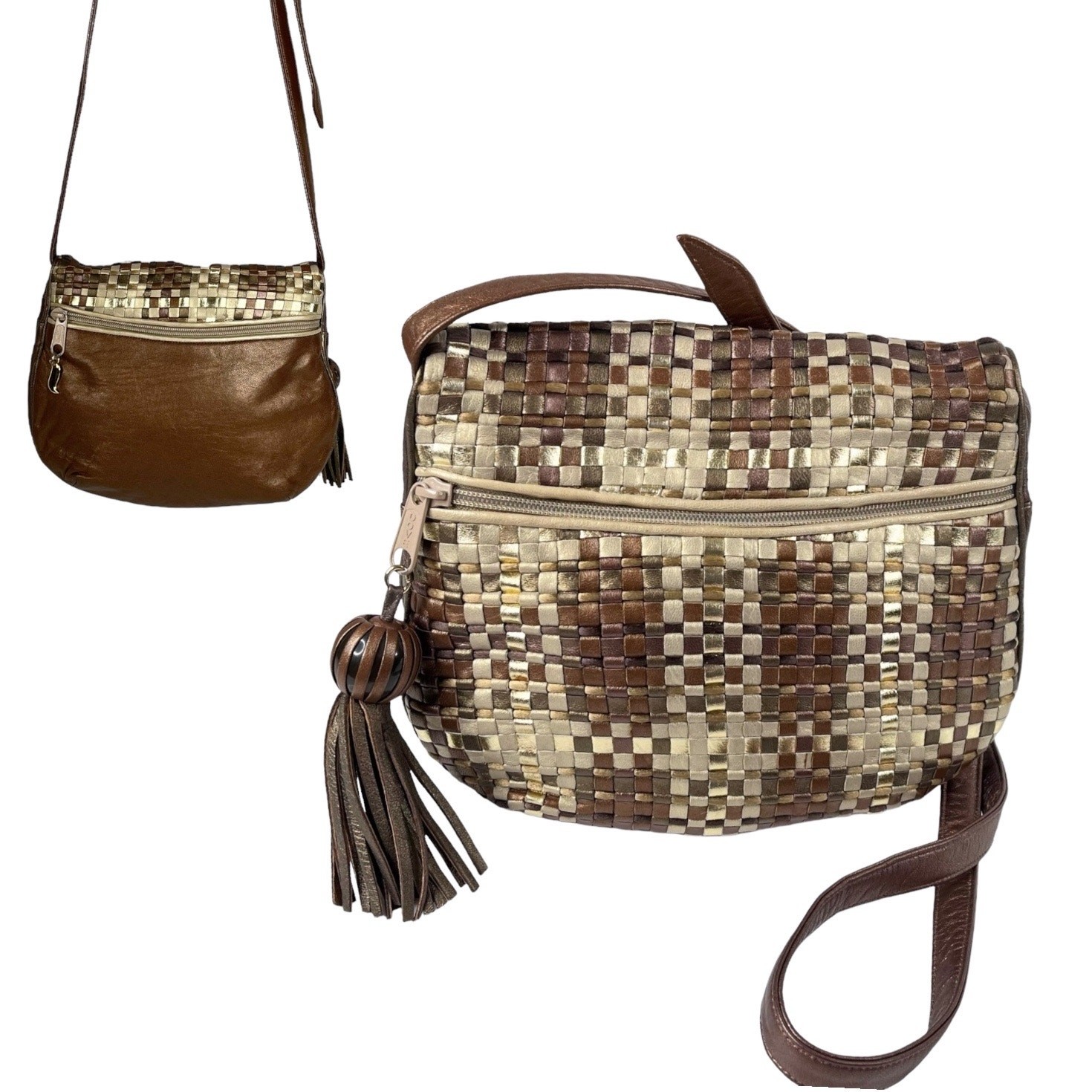 Sharif Leather Handbag Plaid Metallic Gold Woven Shoulder Crossbody Bag Tassel
