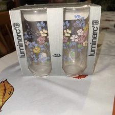 LUMINARC BY DURAND 16 OZ. DECORATED TUMBLER'S  BLUE FLORAL  SET OF 4  USA