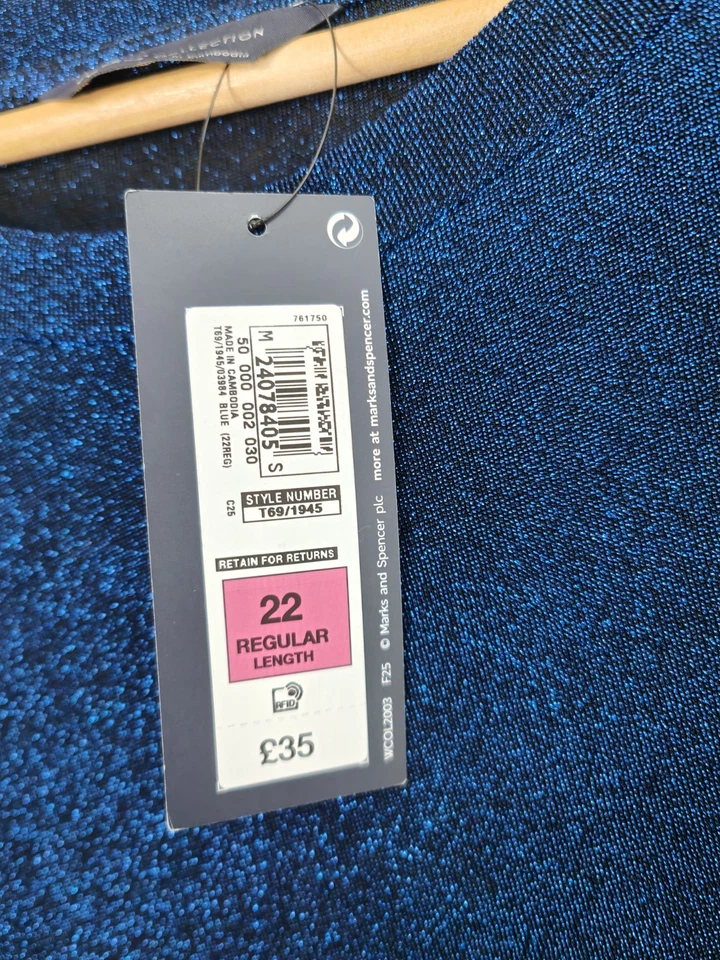 M&S Size 22 Blue Dress Sparkly Long Sleeve Stretchy Calf Length New with Tags - Image 2 of 4