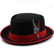 Men Pork Pie Bowler Hat Dad Flat Fedora Gambler Feather Dance Jazz Cap Lady